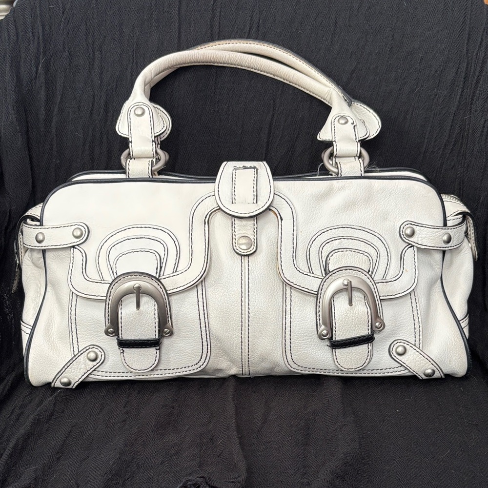 Women’s Cream Satchel Bag with Buckle Accents